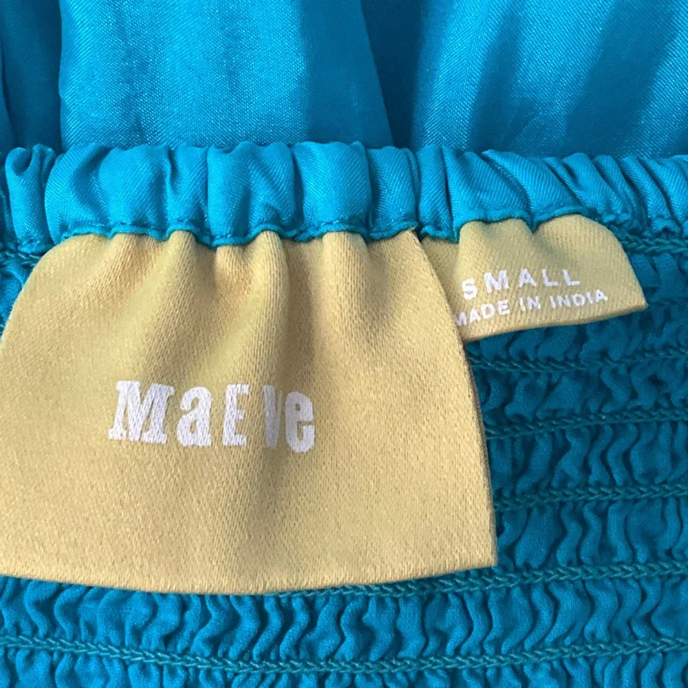Maeve‎ Silk Maxi Dress Women Sz S Teal Blue 100% Silk Smocked Tiered Boho Halter
